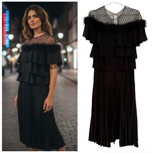 DELFI FAIRY ELEGANT ETHEREAL GLAM Dress Sz SMALL tiered ruffles & mesh neckline